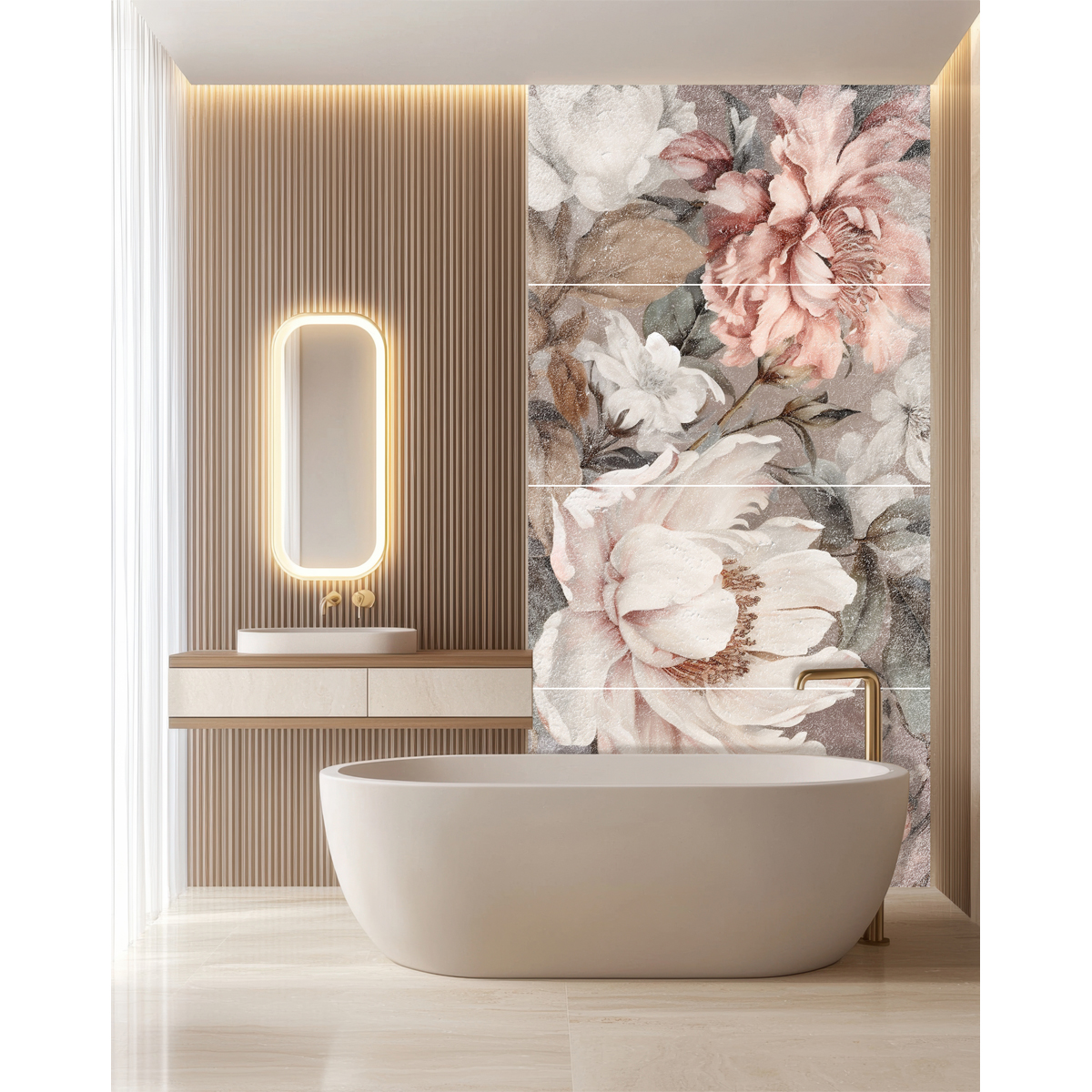 Digital vintage gold highlights peony pattern flower abstract gr ITALIA mural zadruk wielkoformatowy 4x60x120 - obrazek 1