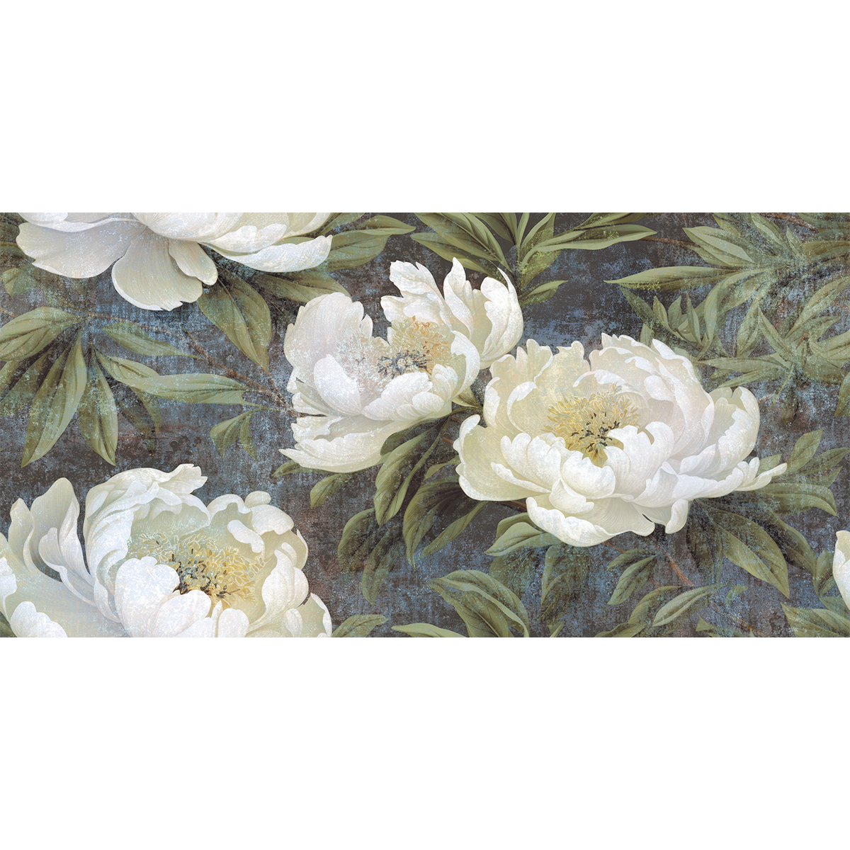 a large white flower with green leaves on a dark gray backgroun PEONY WHITE dekoracja ceramiczna 60x120cm - obrazek 1