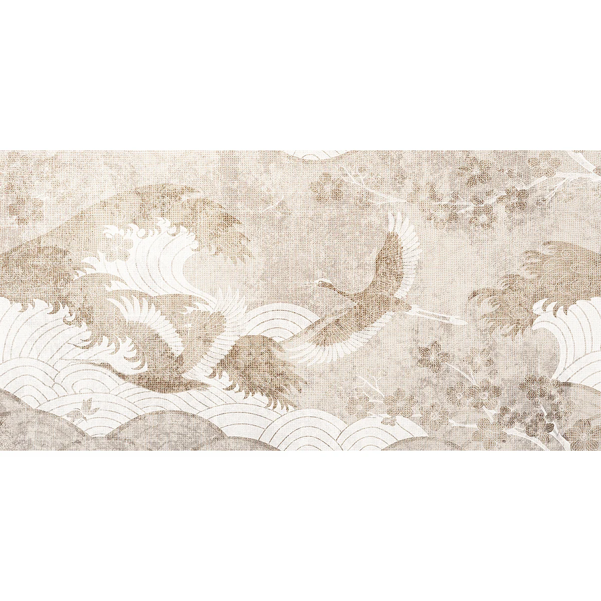 Elegant Japanese Pattern with Cranes Waves and Cherry Blossoms I SILENT WINGS dekoracja ceramiczna 60x120 - obrazek 1